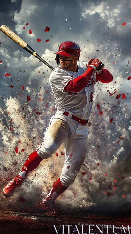 Baseball batter swings on dirt field with explosive debris