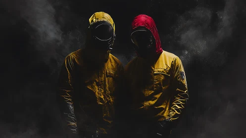 Dual hooded figures in yellow jackets within atmospheric smoke