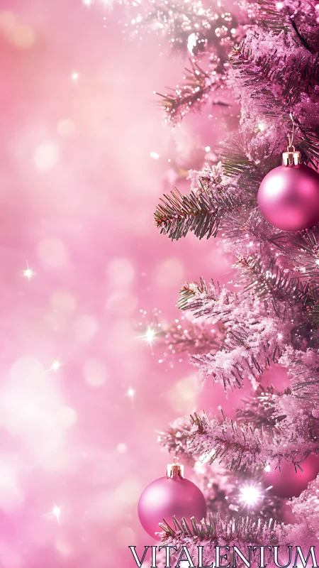 Pink Christmas tree branches with frosted ornaments.