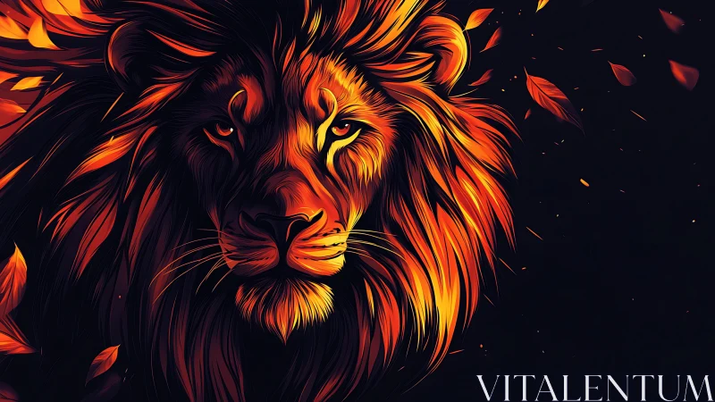 Fiery lion portrait blazes against deep shadowed night.