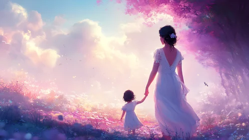 Mother and child walk through a dreamy pastel blossom meadow