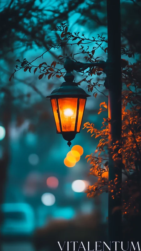 Street lantern with warm glow in cool urban evening scene.