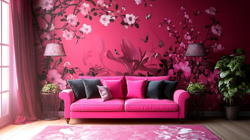 Maximalist pink floral living room with bold focal sofa.