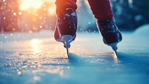 Ice skates carving winter sunset ice surface in motion.