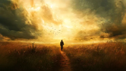 Solitary figure walking a rural path toward glowing sky.