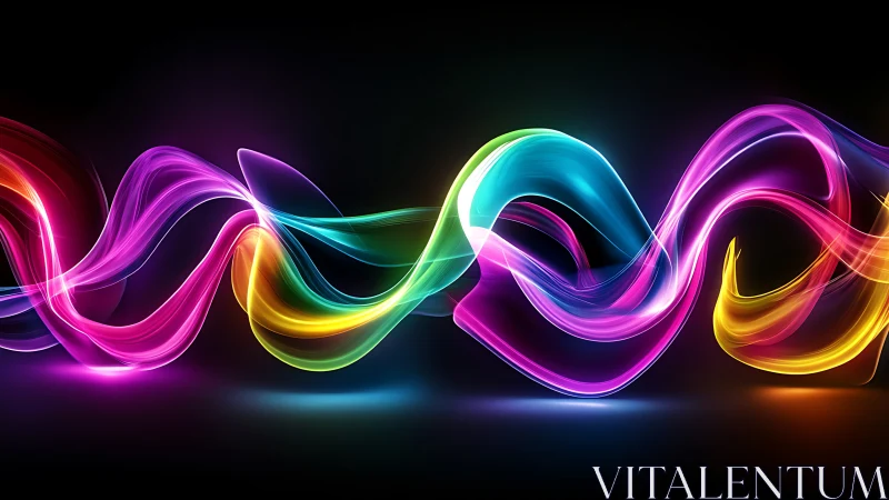 Glowing rainbow light waves dance across a deep black space