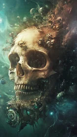 Cosmic necrotic skull dissolves into orbiting astral debris