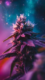 Cosmic-hued cannabis bud glows beneath a dreamy starlit sky