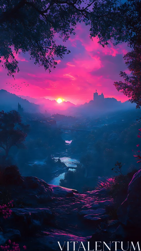 Vibrant magenta sunset over misty valley and distant castle.