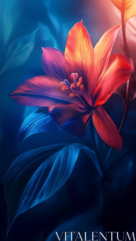 Luminous Red Flower Against Deep Blue Background.