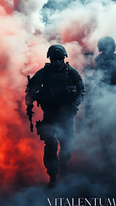 Silhouetted soldier emerging through swirling battle smoke.