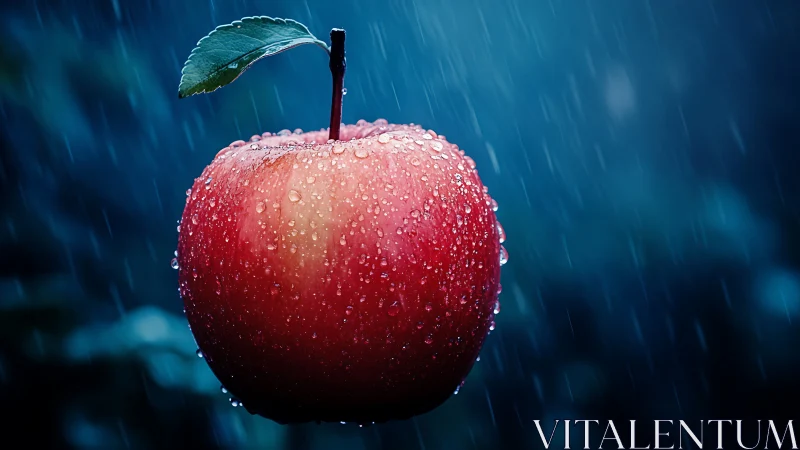 Red apple with water droplets suspended against dark rain