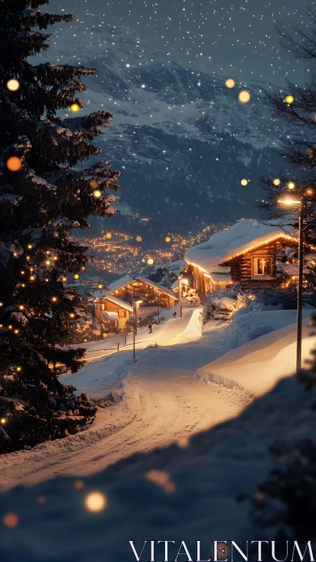 Snow covered mountain village road illuminated by warm lights