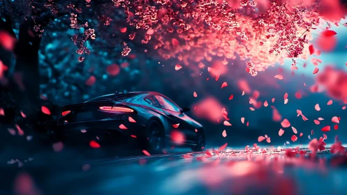 Sports car glides under neon cherry blossoms in motion blur