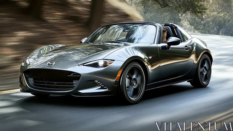 Metallic roadster cuts through wooded canyon curves at speed.