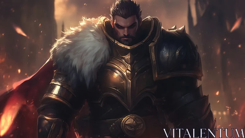 Armored warrior stands in heavy plate within ember-filled scene