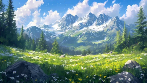 Sunlit alpine meadow opens toward snow-capped mountain range.