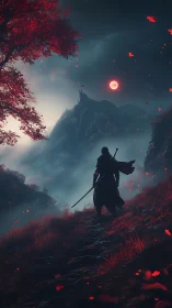 Lone wandering warrior under a haunting crimson moon.