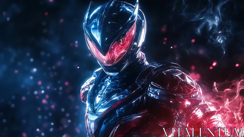 Cybernetic warrior in molten red armor under neon haze.