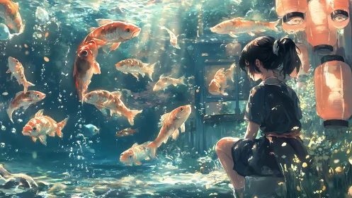 Anime koi dreamscape with submerged lantern courtyard composition.