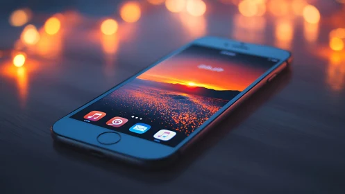 Smartphone Displays Sunset Over Shimmering Ocean at Dusk.