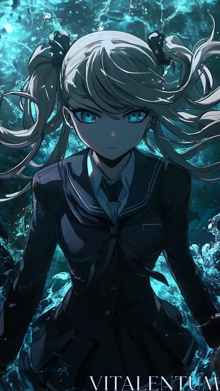 Anime schoolgirl with glowing blue eyes in stormy water.