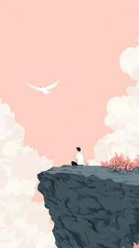 Solitary figure on a cliff watches a white bird in pastel sky