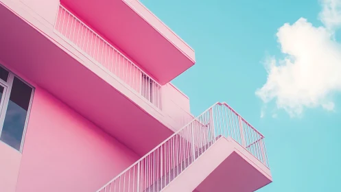 Pink balconies rising gently into a calm blue sky.