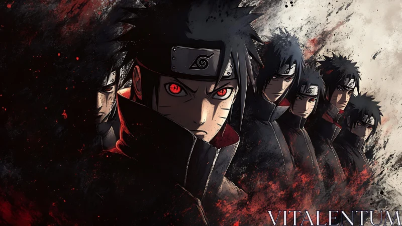 Intense red-eyed ninja clones emerge from swirling darkness.