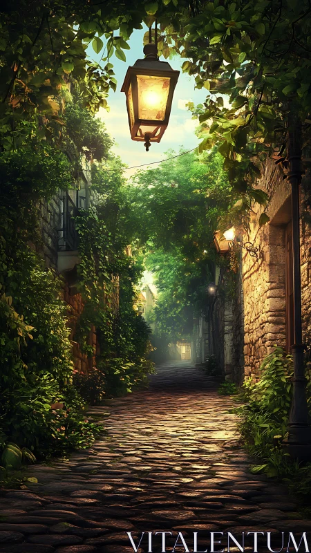 Sunlit cobblestone lane wrapped in vines and quiet light.