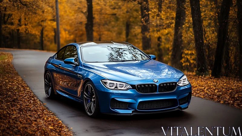 Blue sports coupe on wet forest road in autumn light.