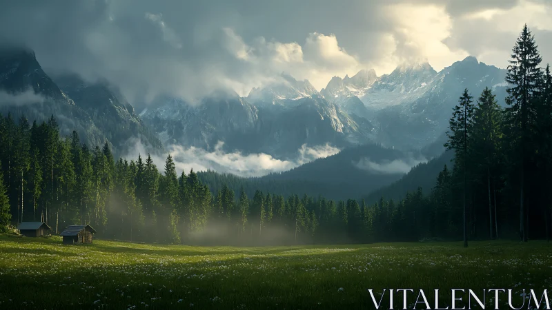 Morning fog tiptoes across a pine valley below brooding peaks