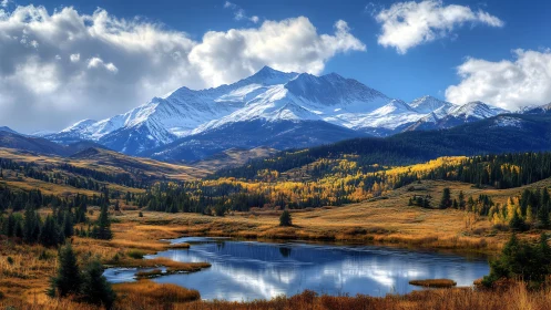 Snowcapped mountain range over golden autumn valley lake.