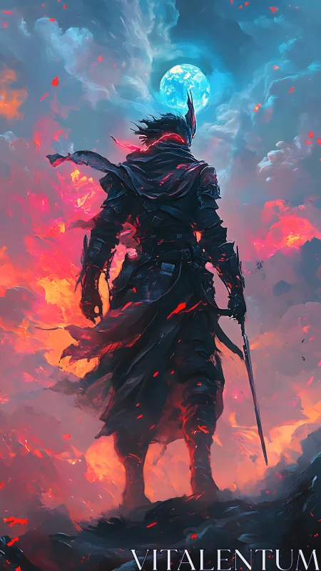 Lone warrior calmly greets a blazing sky beneath blue moon