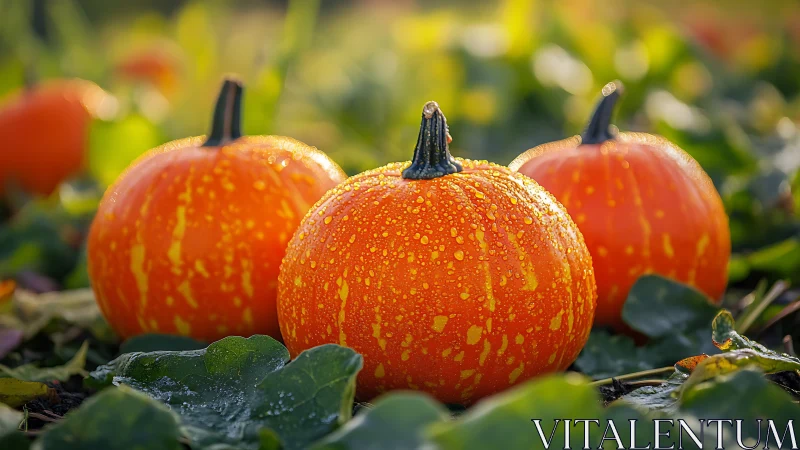 Dew-kissed orange pumpkins glowing in soft autumn light.