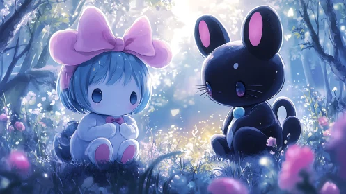 Chibi forest companions rendered in luminous anime style