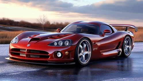 Red supercar on wet road under dramatic evening sky.