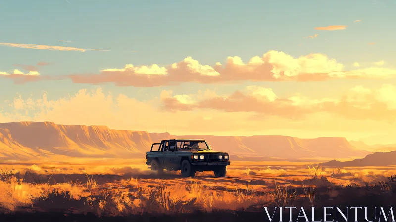 Off road vehicle in open desert plain under evening light.