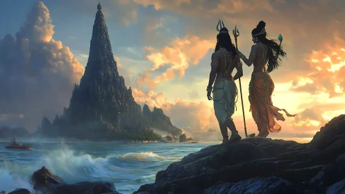 Divine figures overlooking towering ocean temple at dusk.
