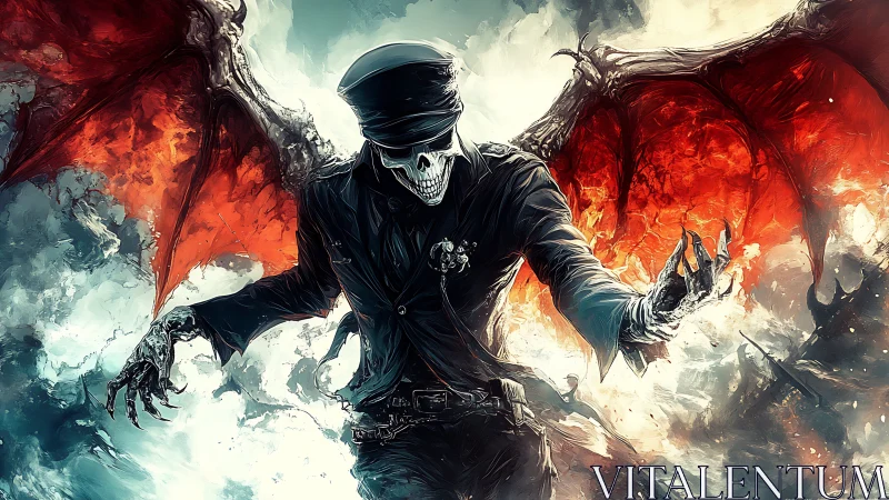Winged skeletal captain storms through infernal skies in rage.