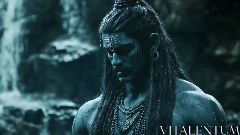 Somber blue warrior pauses in quiet reflection by waterfalls