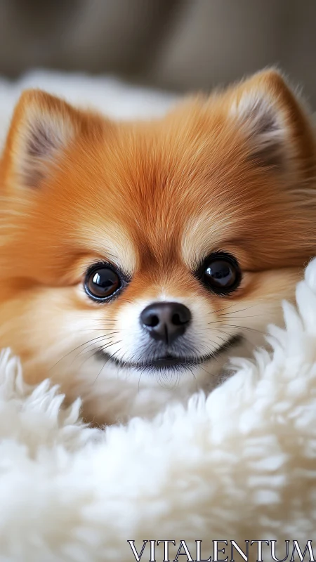 Fluffy Pomeranian puppy nestles into a soft white blanket