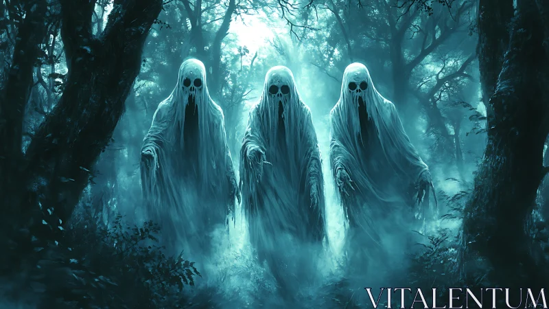 Spectral trio drifting through a mist-choked haunted forest.