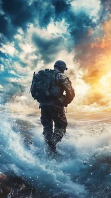Backlit tactical soldier wading through surf under storm sky