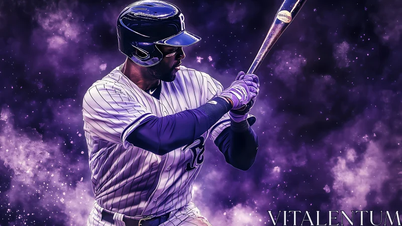 Baseball slugger readies for powerful swing in purple mist.