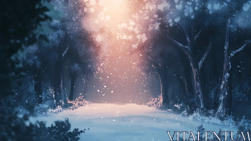 Winter forest path under ethereal dusk glow.