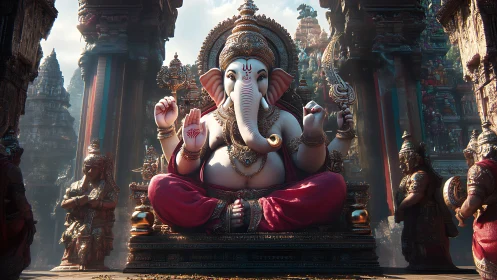 Elephant-headed deity statue sits centered in ornate temple courtyard