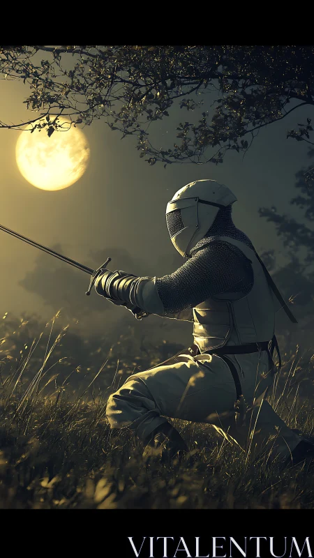Armored swordsman kneeling in moonlit field at night.