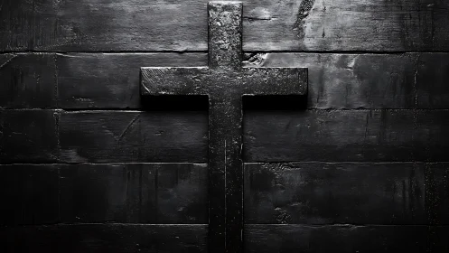 Textured black cross on matte wooden plank backdrop.