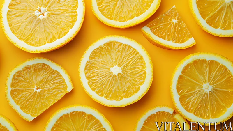 High-saturation overhead composition of sliced lemons on yellow